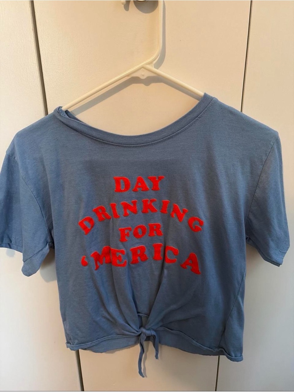 Blue 'Day Drinking for 'Merica' Tie-Front Crop Tee